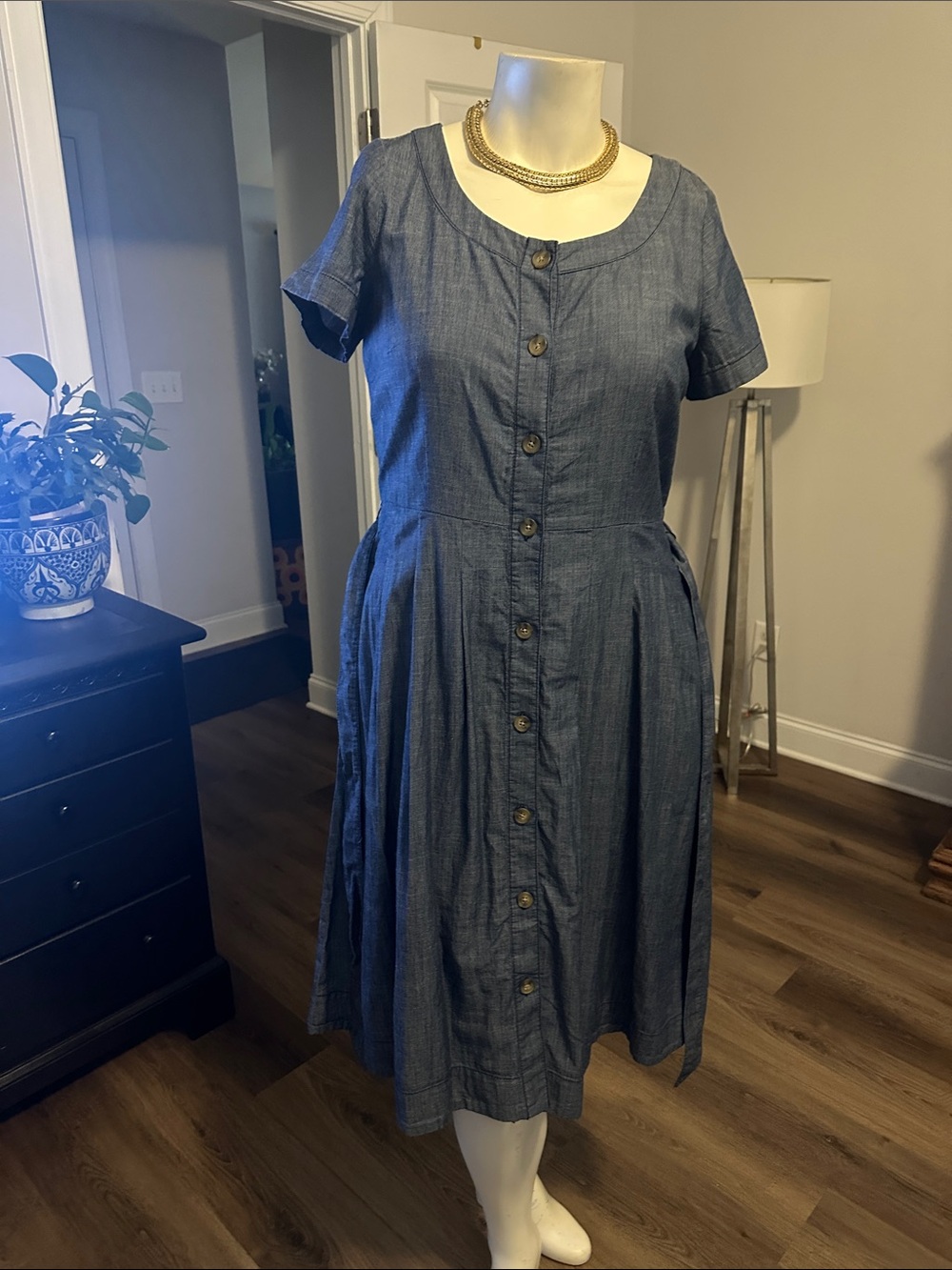 Talbots Blue Chambray Button-Front Midi Dress